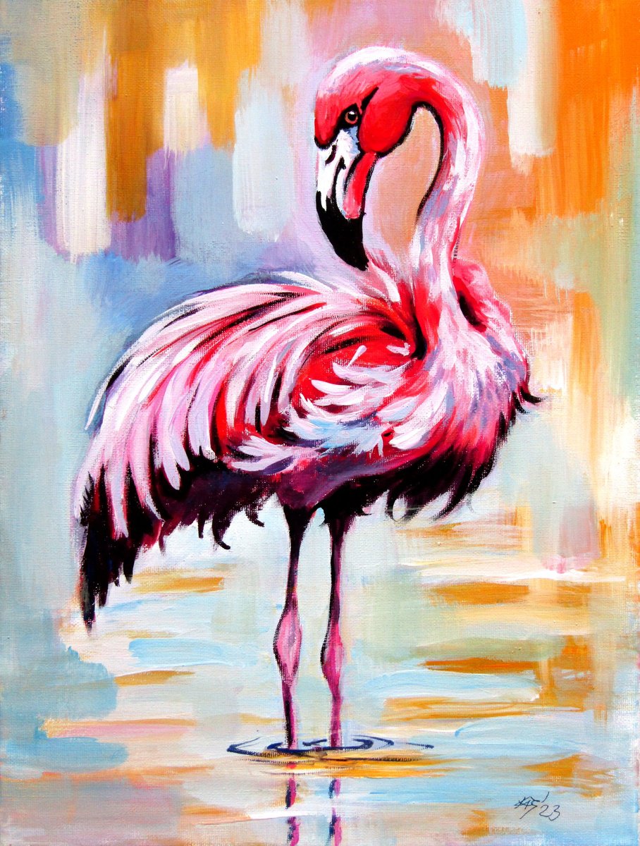 Impressionistic Animal Acrylic Painting By Kovacs Anna Brigitta, 12 X 16", Flamingo, Original Artwork