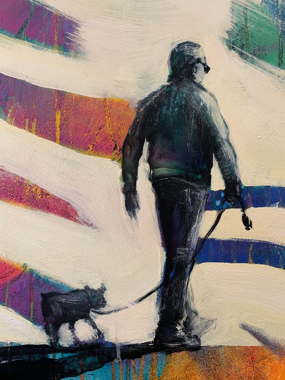 Bright painting - "Summer walk" - Pop Art - Street - City - Dog - Man with dog