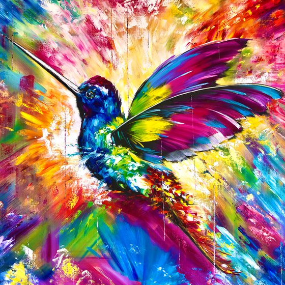 ENERGY COLOR - Exotic bird. Fabulous bird. Abstract bird. Gorgeous hummingbird. Paradise hummingbird. Flight. Magic. Dreams. Multi-colored. Close-up.