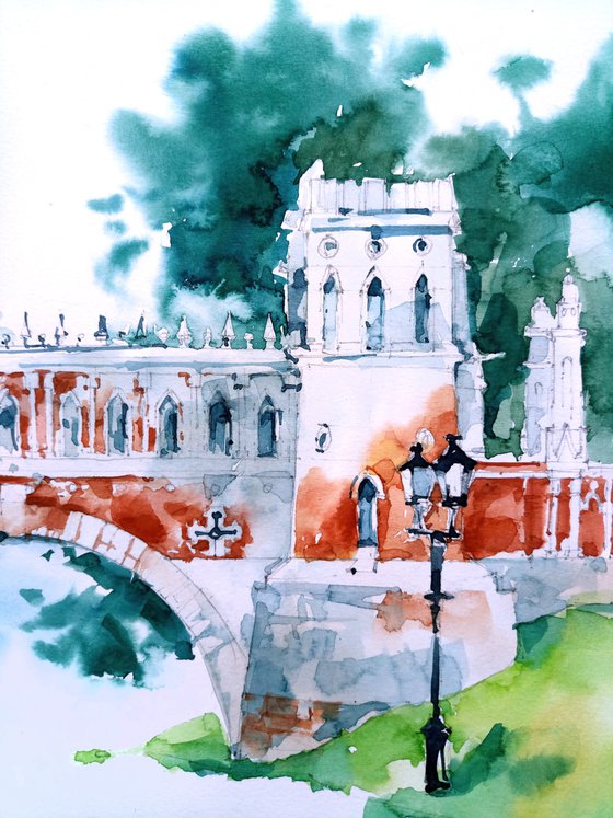 Architectural landscape "Bridge in Tsaritsyno Park" original watercolor painting