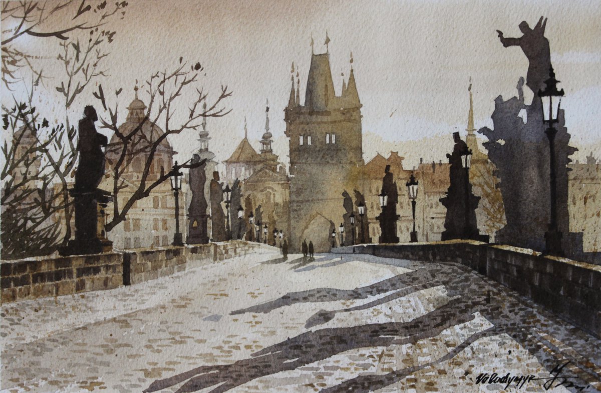Cityscapes Watercolour By Volodymyr Melnychuk, 11 X 7", Prague 7, Original Artwork