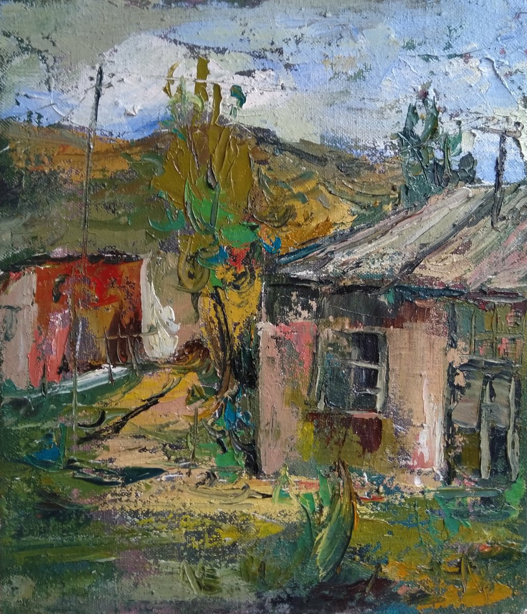 Impressionistic Landscape Oil Painting By Kamsar Ohanyan, 12 X 14", Rural Charm, Original Artwork