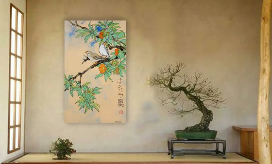 Amadina on the branch Japan Hieroglyph original artwork in japanese style J108 ready to hang painting acrylic on stretched canvas wall art