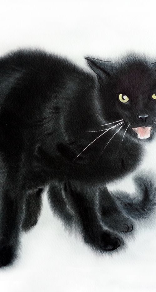 Hissing Black Cat by Olga Beliaeva Watercolour