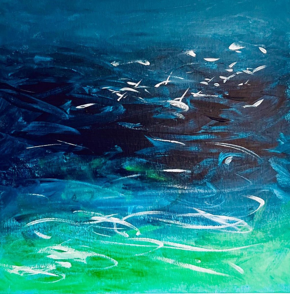 Abstract Landscape Acrylic Painting By Shabs Beigh, 14 X 14", Abstract Seascape With Gulls, Original Artwork