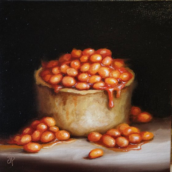 Scotch pie with beans on top still life
