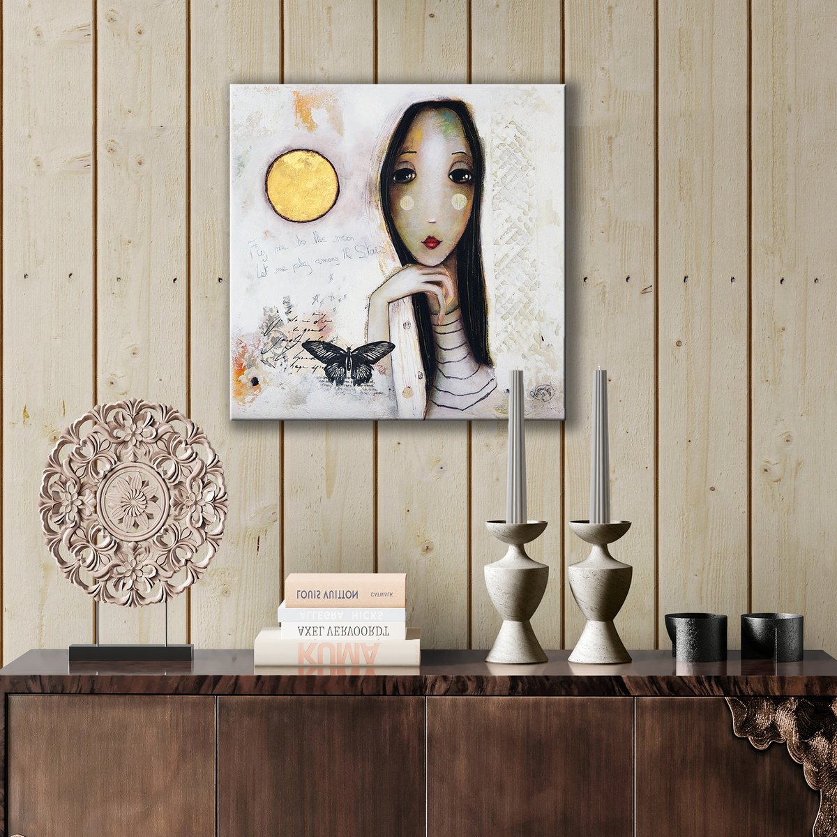 Surrealistic Portrait Acrylic Painting By Armandine Js, 20 X 20, Fly Me To The Moon, Original Artwork