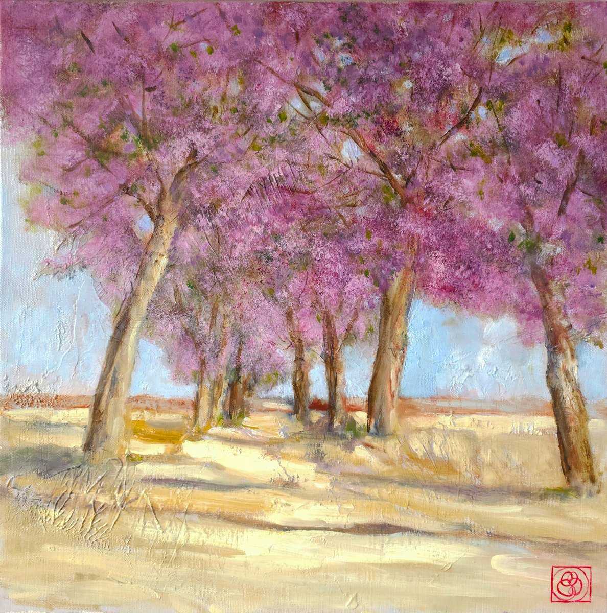 Expressive Landscape Oil Painting By Katia Bellini, 21 X 21", Blooming Tree Alley, Original Artwork
