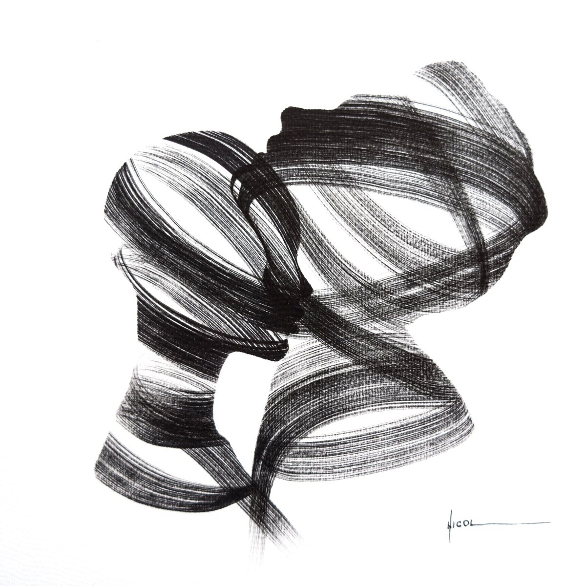 Expressive Portrait Ink Drawing By Nicol Vacaru, 11 X 11", Breathing In Silence, Original Artwork