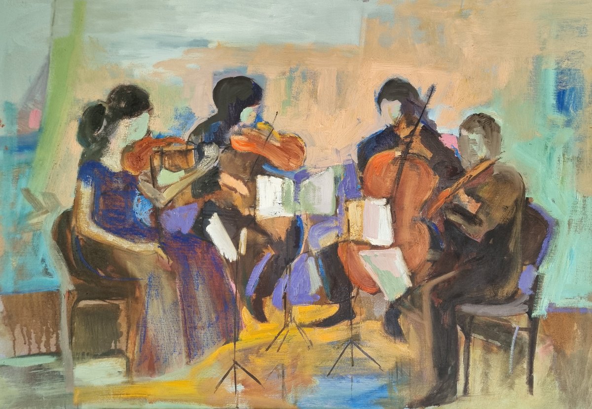 Impressionistic Portrait Oil Painting By Victoria Cozmolici, 39 X 28", Quartet, Original Artwork