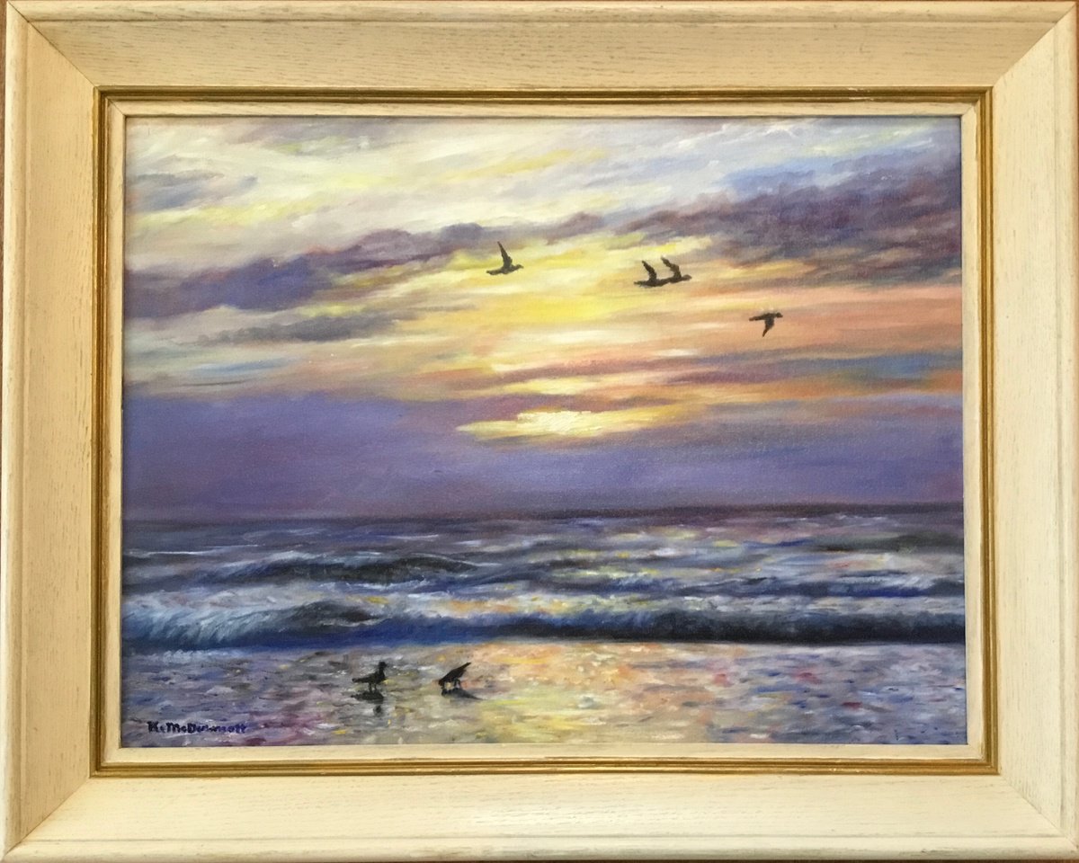 Impressionistic Landscape Oil Painting By Kathleen Mcdermott, 29 X 23", Morning Gulls, Original Artwork