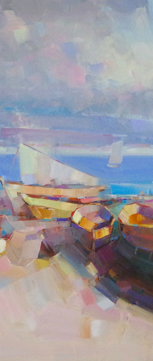 Boats on the Shore, Original oil painting, Handmade artwork, One of a kind by Vahe Yeremyan