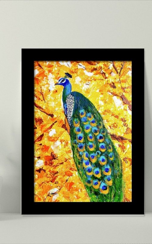 Peacock on the Golden Autumn tree by Asha Shenoy