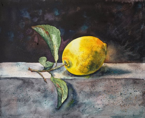 The lemon - original watercolor, darkness light, artwork for kitchen