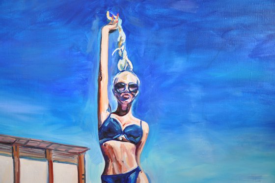 GET HIGH - oil painting on canvas, blue marine, blue sky, top model, seaside, GIFT, home decor, office interior, wall art