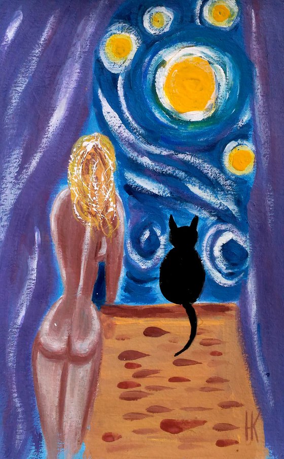 Cat Painting Animal Original Art Pet Artwork Home Wall Art 8 by 12 inches