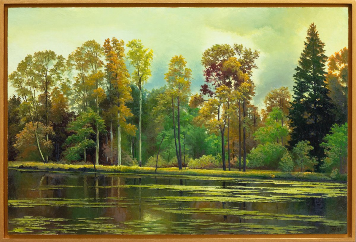 Impressionistic Landscape Oil Painting By Oleksii Vylusk, 37 X 25", Autumn Pond, Original Artwork