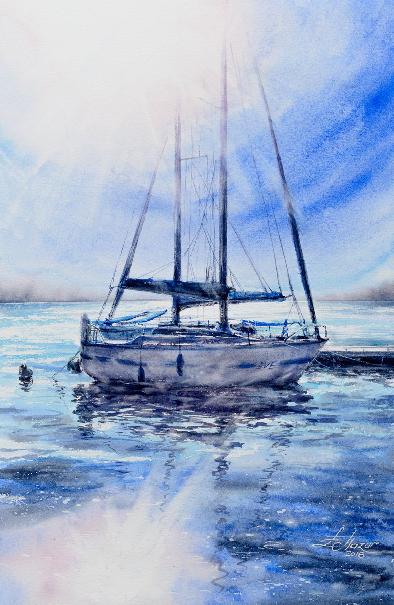 Impressionistic Landscape Watercolour By Eve Mazur, 15 X 22, Sailboats, Original Artwork