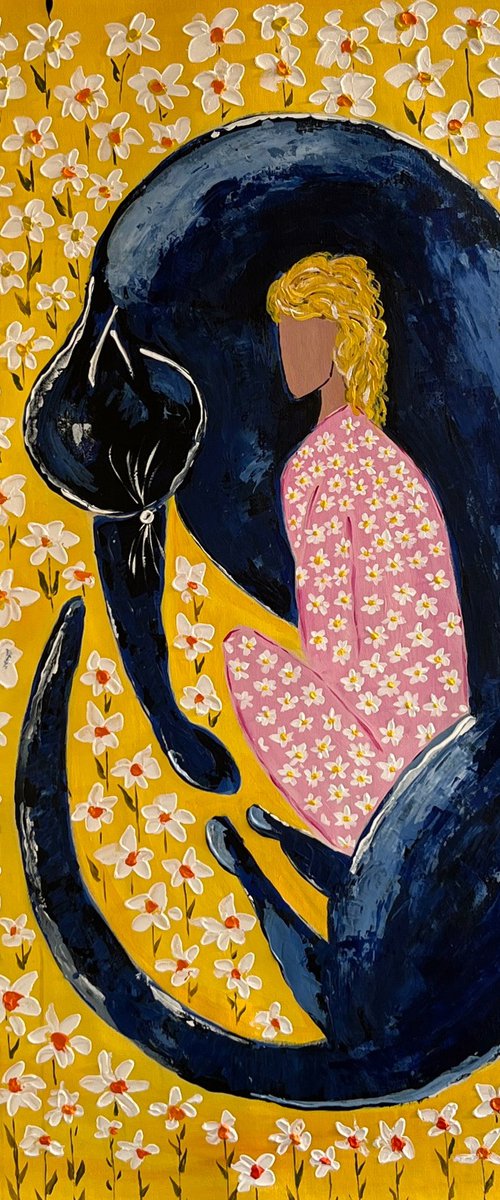 Woman Cat Painting by Halyna Kirichenko
