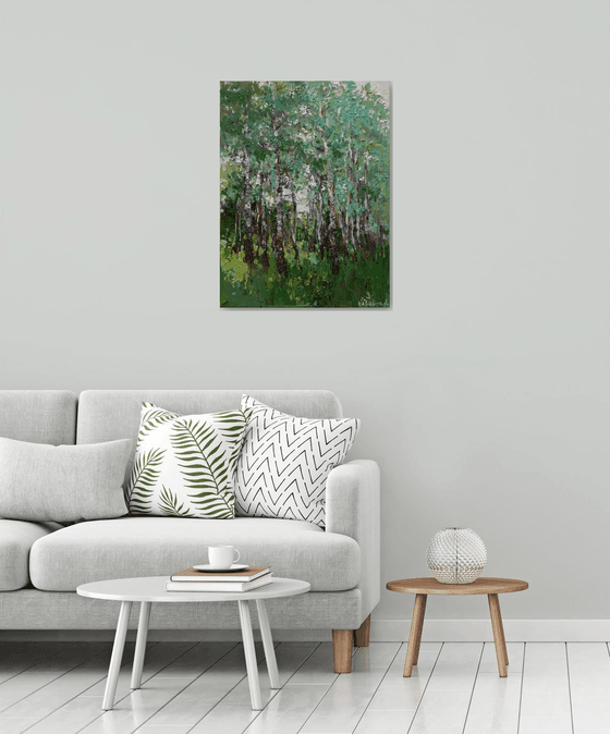 Spring birch forest Original oil painting