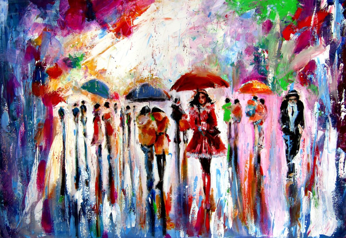 Expressive Portrait Acrylic Painting By Kovacs Anna Brigitta, 39 X 28", Rain, People And Umbrellas Ii, Original Artwork
