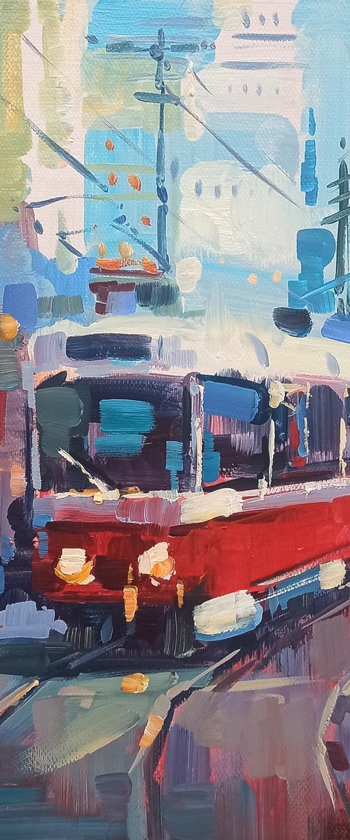 Red tram -1 (24x30cm, oil painting, ready to hang) by Narek Qochunc