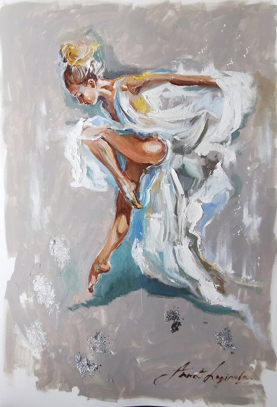 Elegance dancer girl oil painting. Dancing lady artwork. Ballerina in white dress