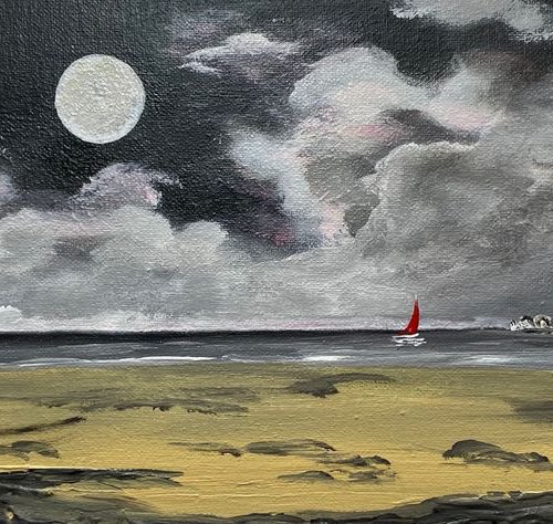Old Harry Rocks under a Full Moon on a Panoramic Canvas by Marja Brown