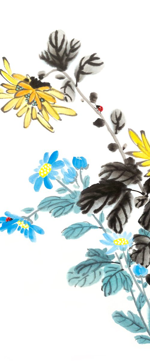 Yellow and Blue Chrysanthemums with Ladybugs by Ilana Shechter