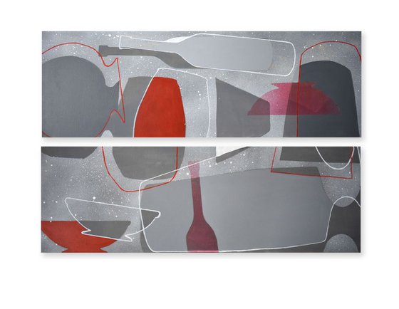 DIPTYCH Abstract stil life Dancing Gray Bottles 1 and 2