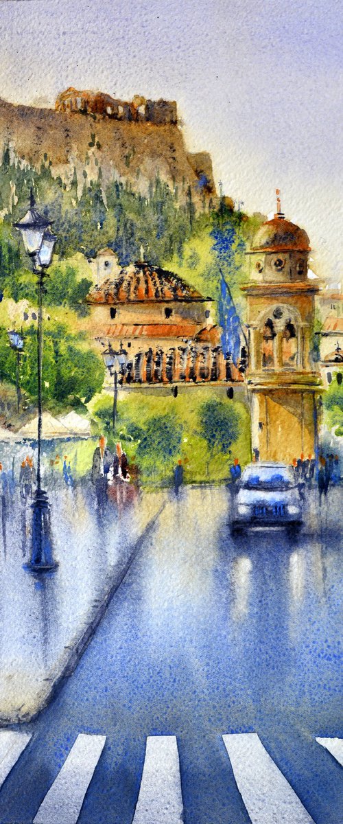 Sun after rain Athens Greece 17x36 cm 2022 by Nenad Kojić watercolorist