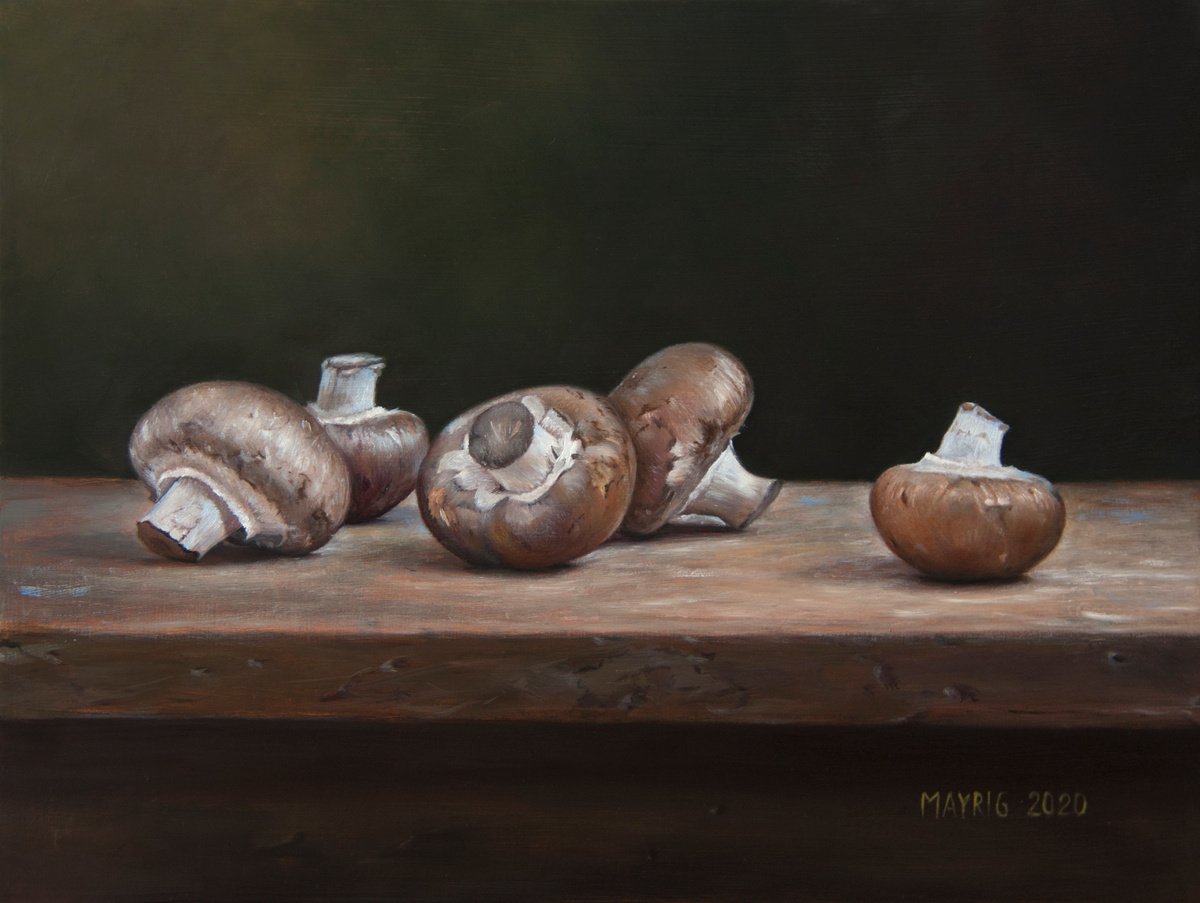 Photorealistic Still Life Oil Painting By Mayrig Simonjan, 16 X 12", Champignon Battle, Original Artwork