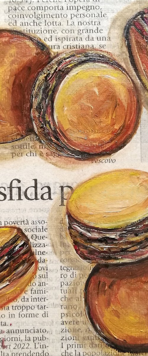 "Macaroons on Newspaper" Original Oil on Canvas Board Painting 6 by 6 inches (15x15 cm) by Katia Ricci