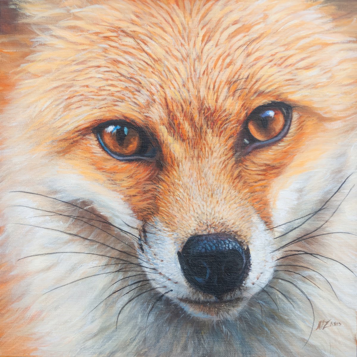 Photorealistic Animal Acrylic Painting By Norma Beatriz Zaro, 8 X 8", Red Fox Portrait, Original Artwork