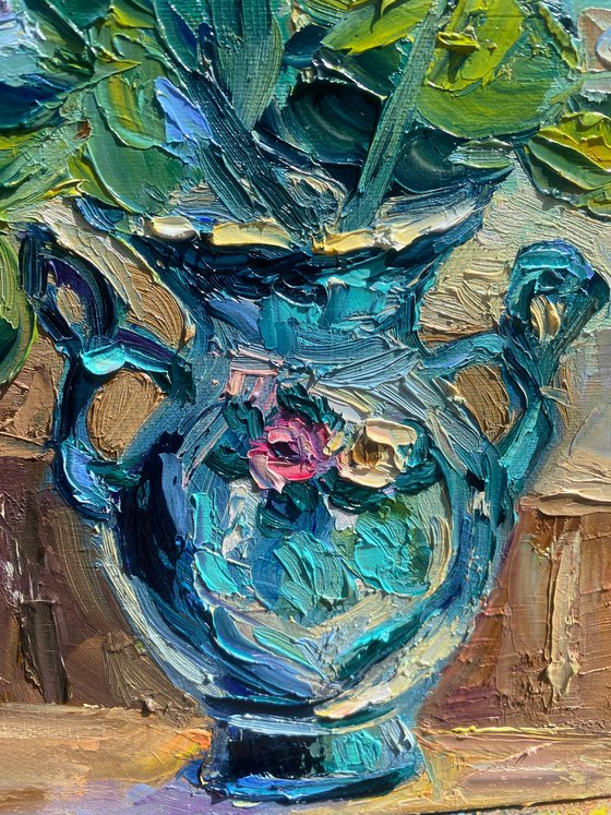 Roses in a vase, 35*45cm, impressionistic flowers oil painting in pink and turquoise