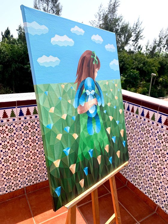 GIRL IN A FLOWER FIELD WITH A BLUE RABBIT