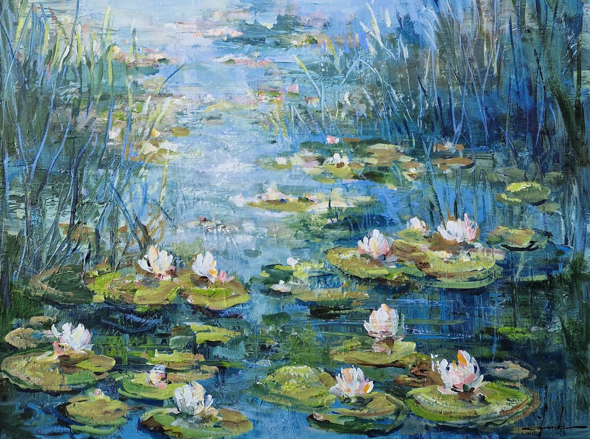Impressionistic Botanical Acrylic Painting By Irina Laube, 31 X 24, Water Lily Flower, Original Artwork