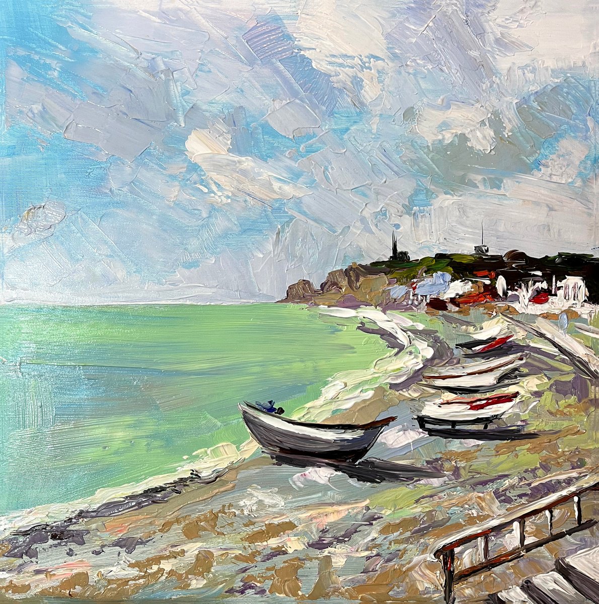 Impressionistic Landscape Acrylic Painting By Maria Kireev, 20 X 20", Resting Boats In Etretat, Original Artwork