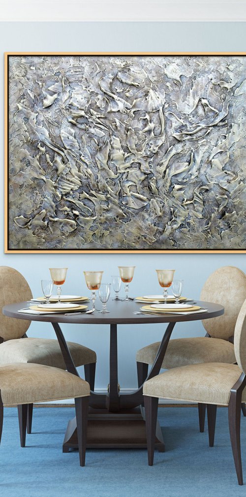 DREAMS. XXL Abstract Textured 3D Painting Gray, Brown, Beige, Gold by Sveta Osborne