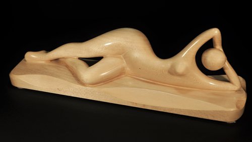 Nude Woman Wood Sculpture EXPECTATION by Jakob Wainshtein