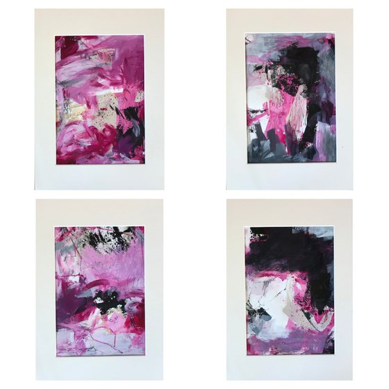 Collection of 4 mounted, abstract artworks