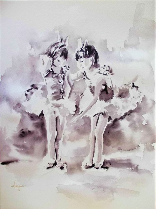 Two Little Ballerinas - Original ballet watercolor painting by Antigoni Tziora