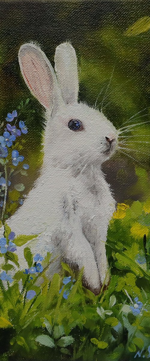 White Rabbit with Blue Flowers by Natalia Shaykina