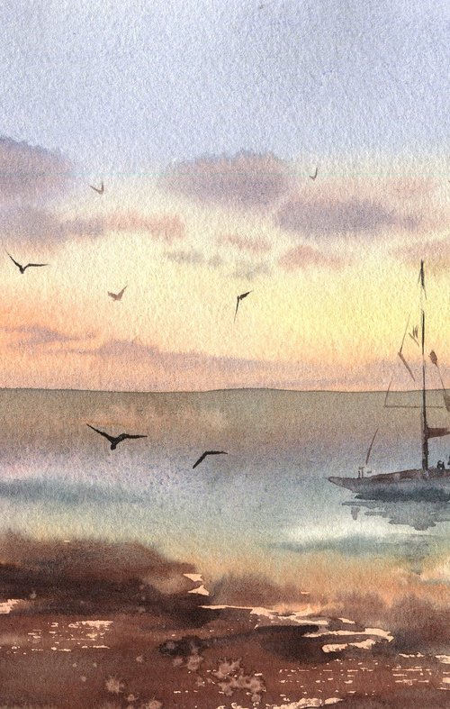 Ukrainian watercolour. Sunset. Paphos2 by Nina Zakharova