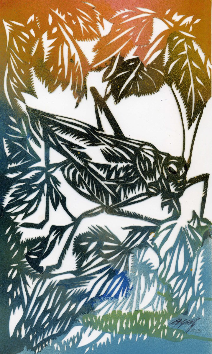 Botanical Collage By Alfred Ng, 7 X 12, Grasshopper Watercolor Papercut, Original Artwork
