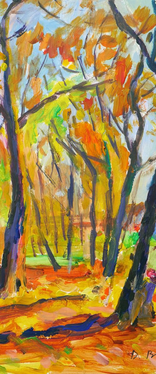 Autumn park, evening (plein air) original painting by Dima Braga