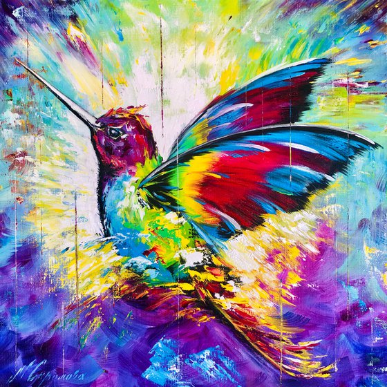 RAINBOW FLIGHT - Fabulous bird. Soaring bird. Fantastic hummingbird. Very Peri. Magic wings. Abstraction. Juicy colors.