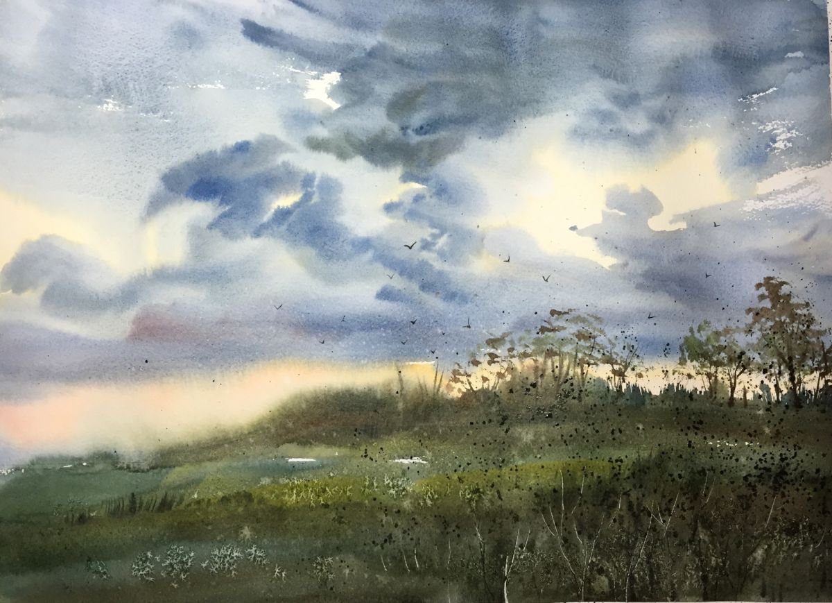 Impressionistic Landscape Watercolour By Jing Chen, 21 X 16, Safari 2, Original Artwork