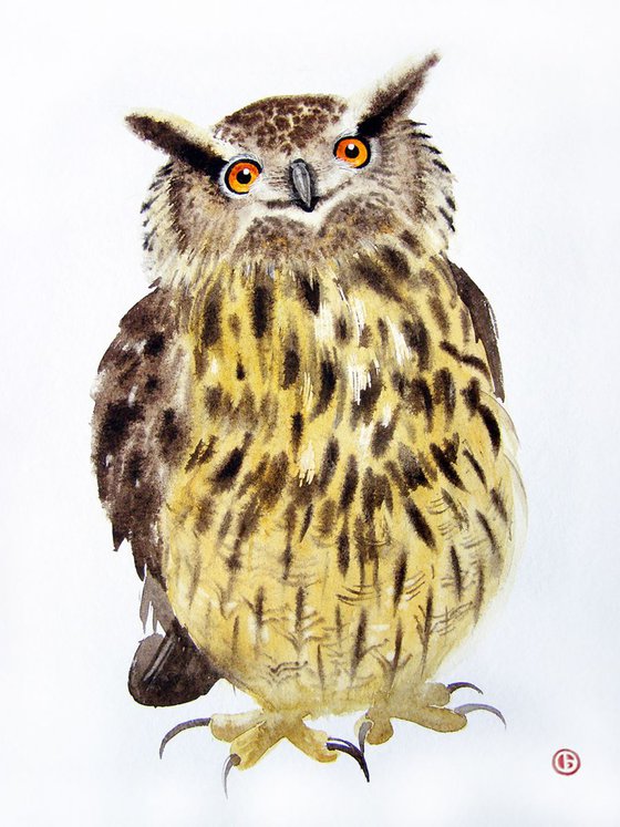 Funny Eagle Owl - Original Watercolor - Wildlife Art - Owl Painting