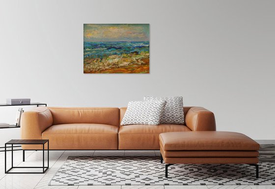 BY THE OCEAN - original painting sea swimming landscape art yellow blue beach sea seascape art nature art office interior home decor